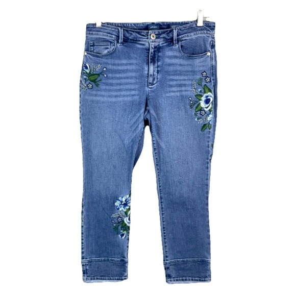 J. Jill 31 Jeans Authentic Fit Cropped Embroidered Floral Blue Stretch Raw Hem - Picture 1 of 11